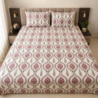 Off white pink Jaipur jaal floral block printed cotton king size bed sheet set styled on bed 108x108 inch