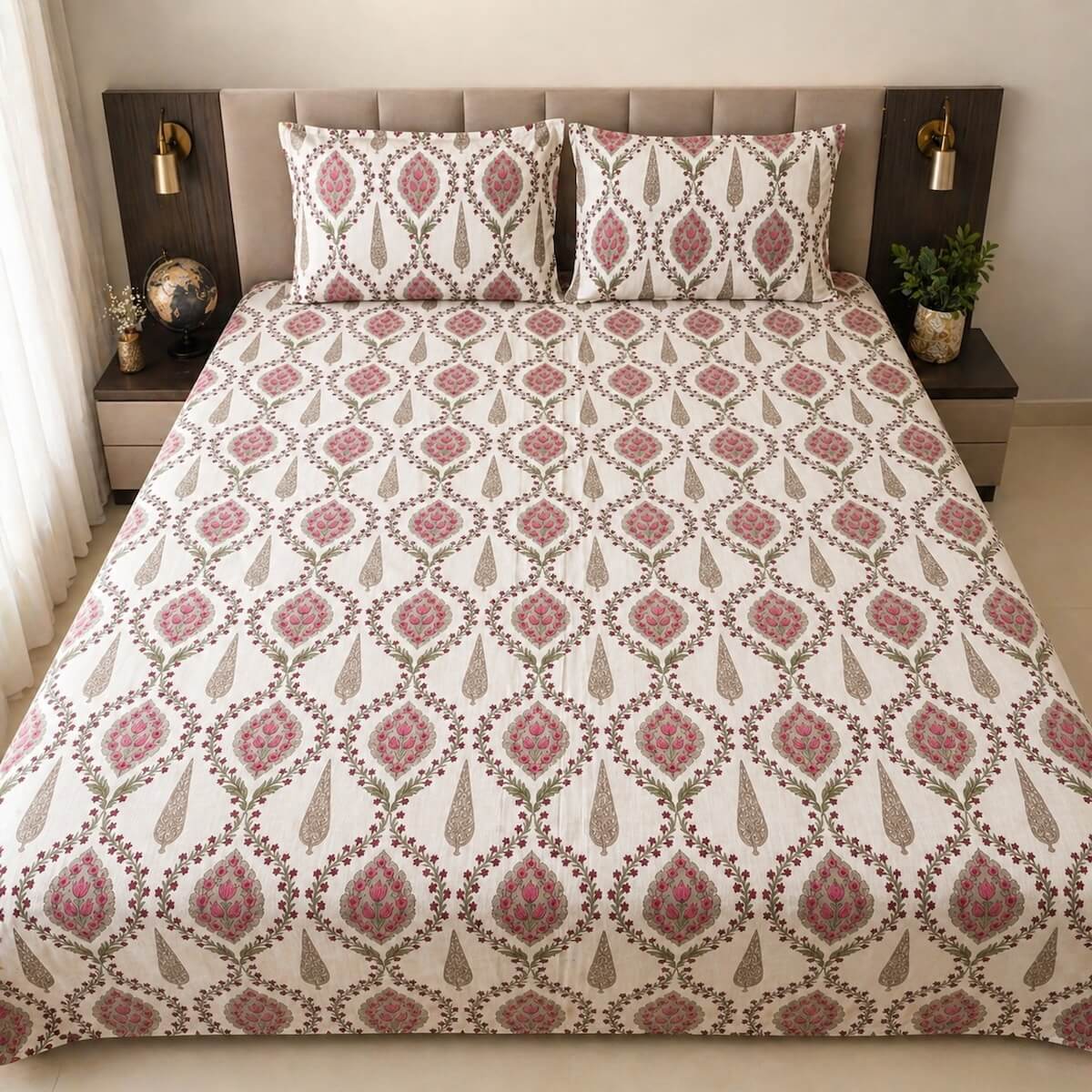 Off white pink Jaipur jaal floral block printed cotton king size bed sheet set styled on bed 108x108 inch