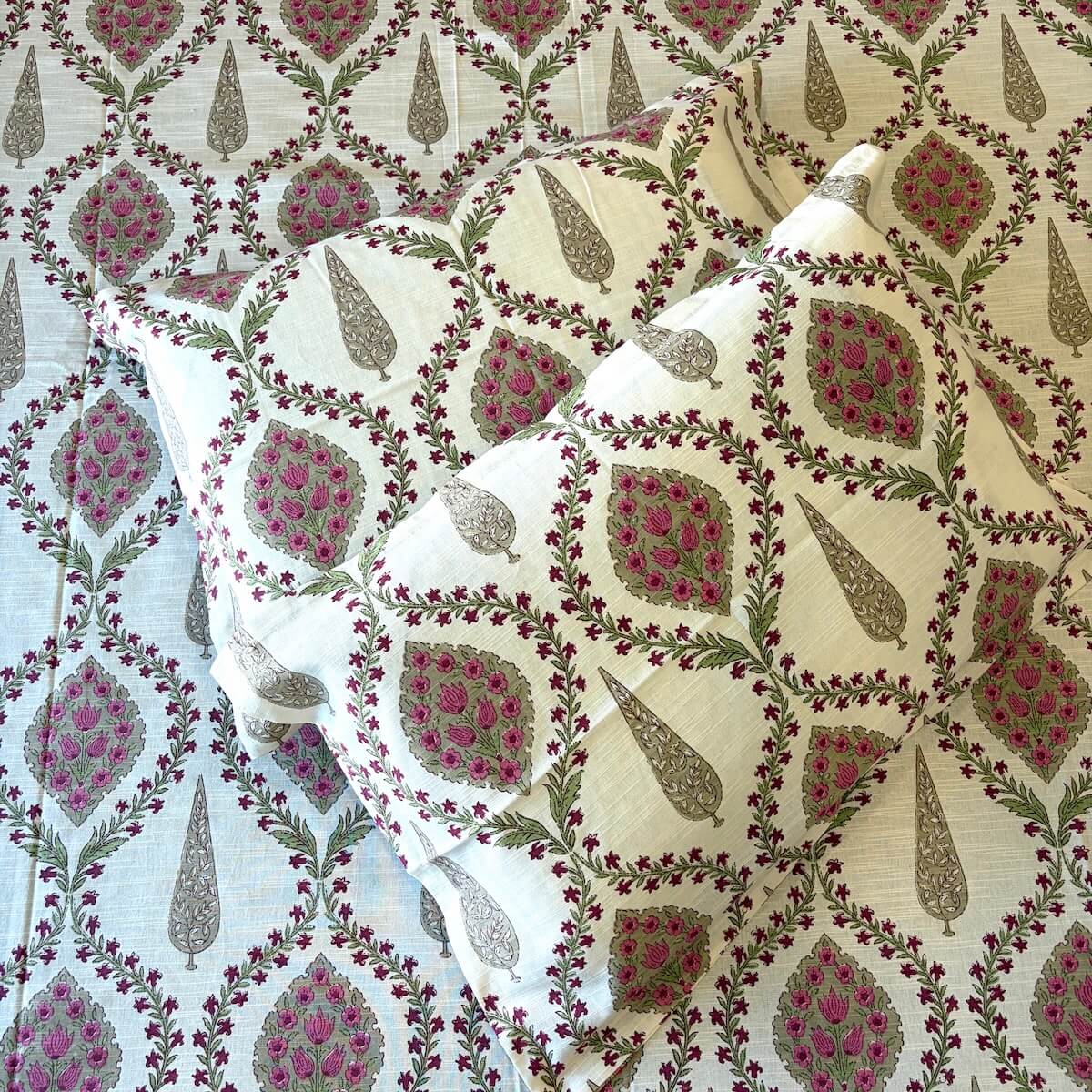Off white pink jaal block print cotton pillow cover 17x27 inch matching king bed sheet set