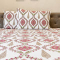 Off white pink jaal floral block print cotton king size bed sheet with pillow covers 108x108 inch
