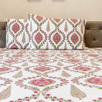 Off white pink jaal floral block print cotton king size bed sheet with pillow covers 108x108 inch