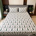 Off white green cypress jaal Jaipur block printed cotton king size bed sheet set styled on bed 108x108 inch
