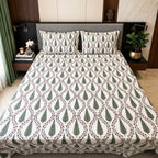 Off white green cypress jaal Jaipur block printed cotton king size bed sheet set styled on bed 108x108 inch
