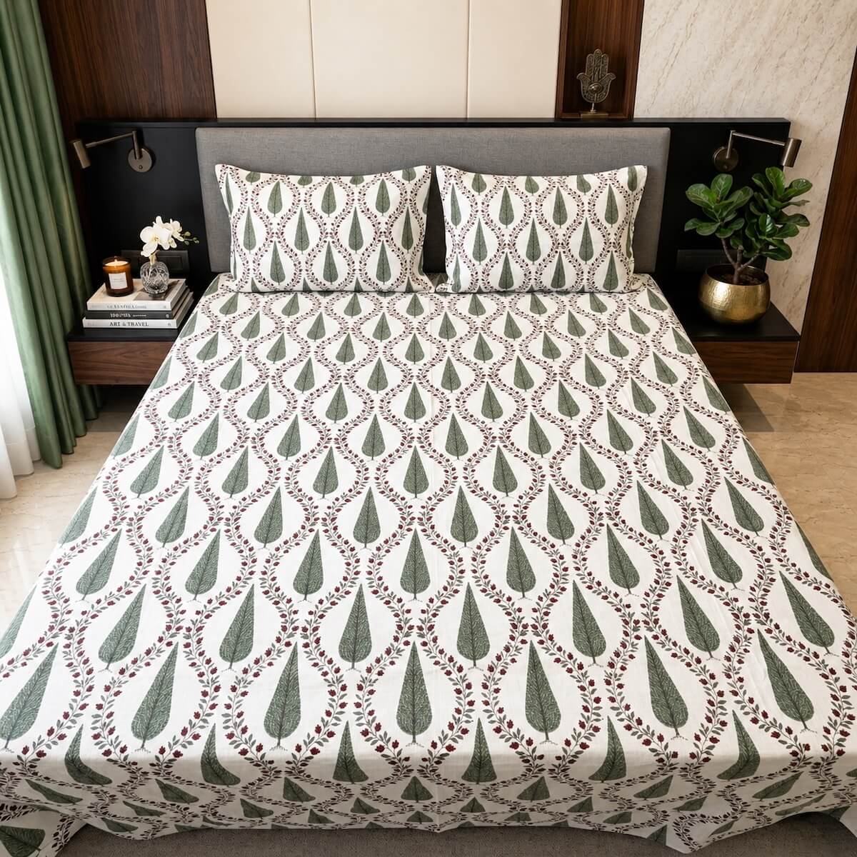Off white green cypress jaal Jaipur block printed cotton king size bed sheet set styled on bed 108x108 inch
