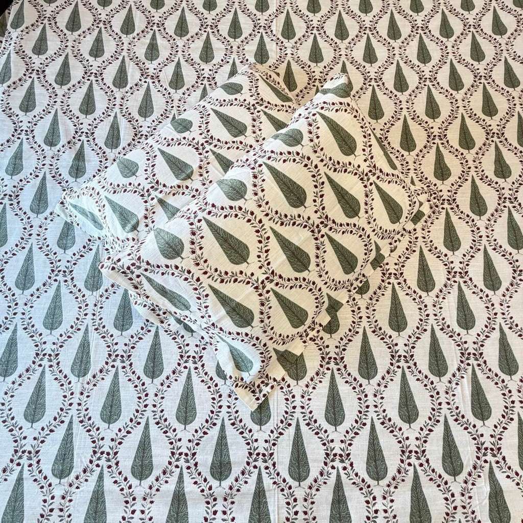 Off white green cypress jaal block print cotton pillow cover 17x27 inch matching king bed sheet set
