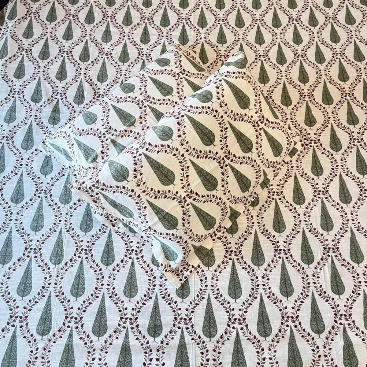 Off white green cypress jaal block print cotton pillow cover 17x27 inch matching king bed sheet set
