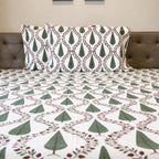 Off white green cypress jaal block print cotton king size bed sheet with pillow covers 108x108 inch