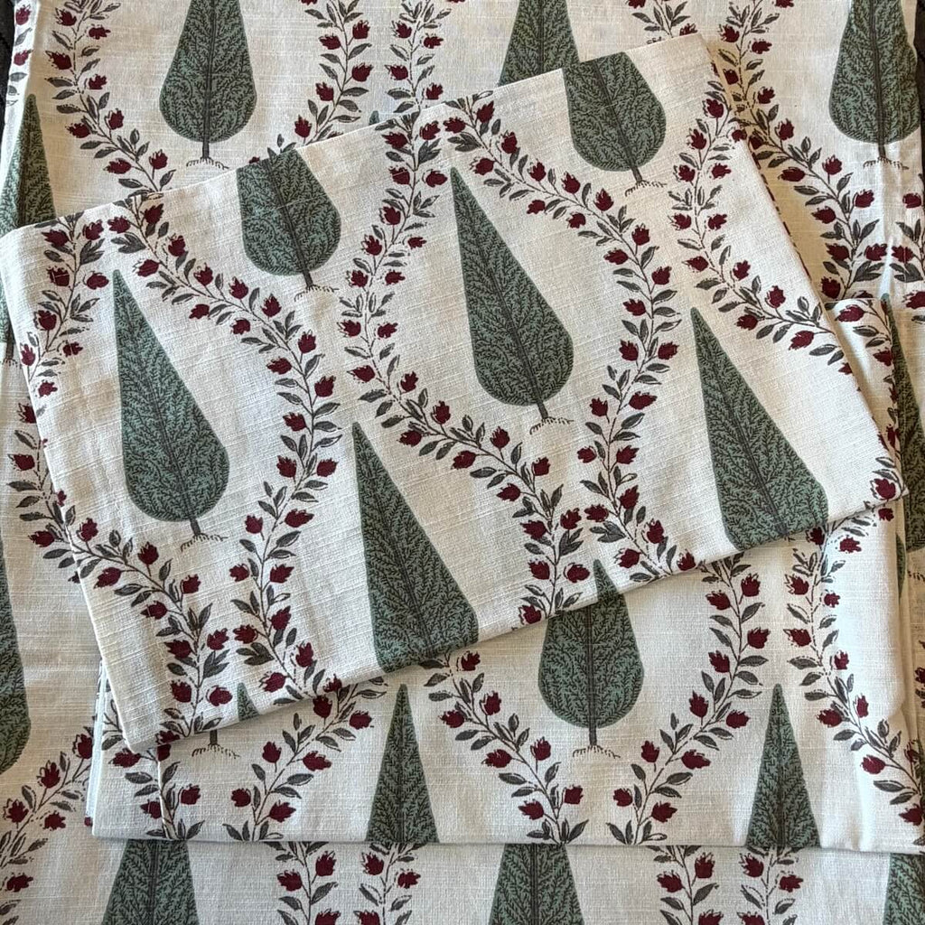 Hand block printed off white green cypress jaal cotton king size bed sheet folded 108x108 inch