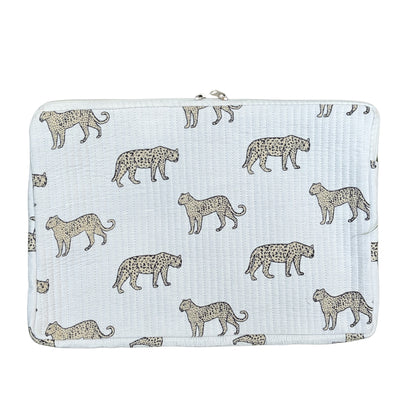 Wild Roar Block Print Quilted  Cotton Laptop Sleeve with Front Pocket White 10"x15"