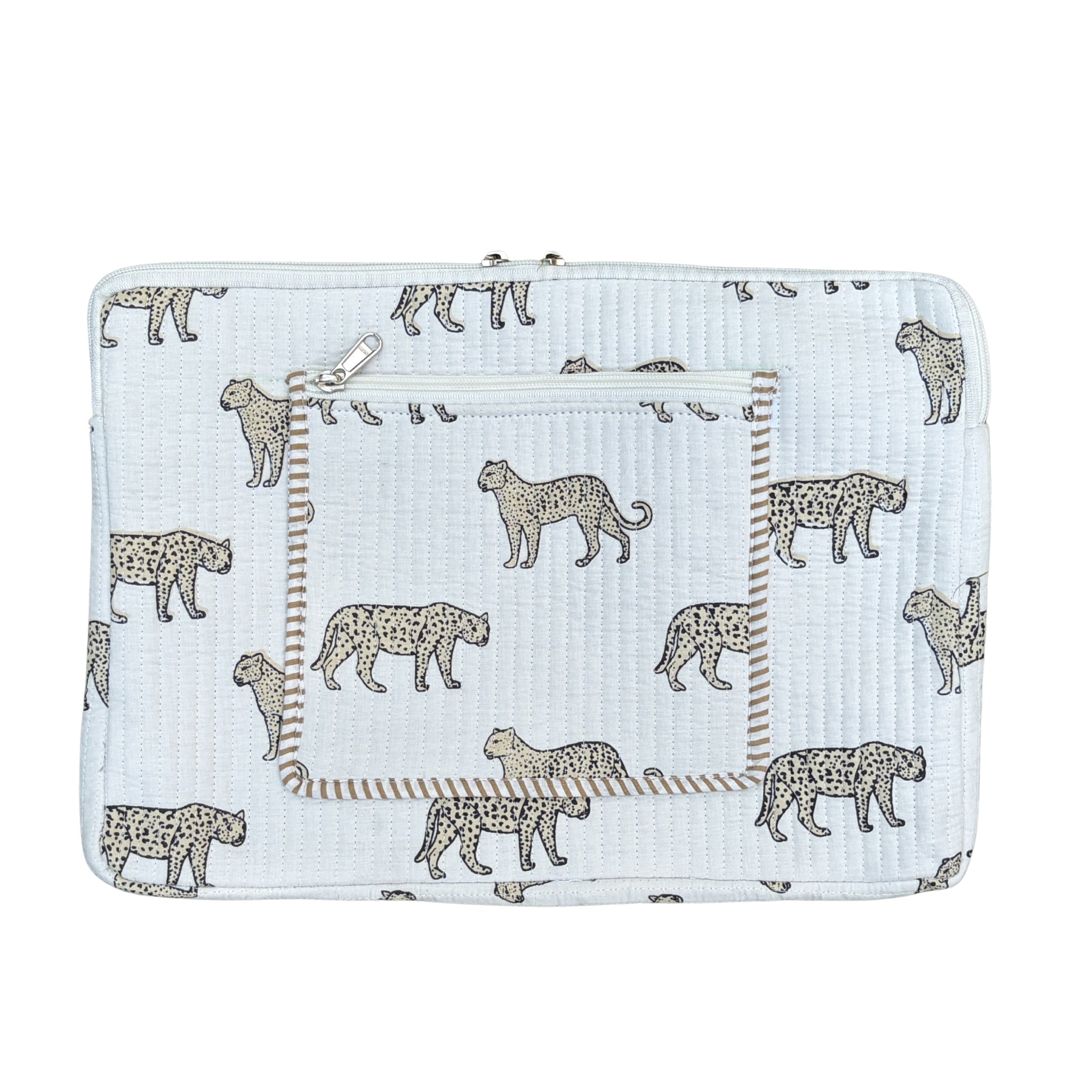 Wild Roar Block Print Quilted  Cotton Laptop Sleeve with Front Pocket White 10"x15"