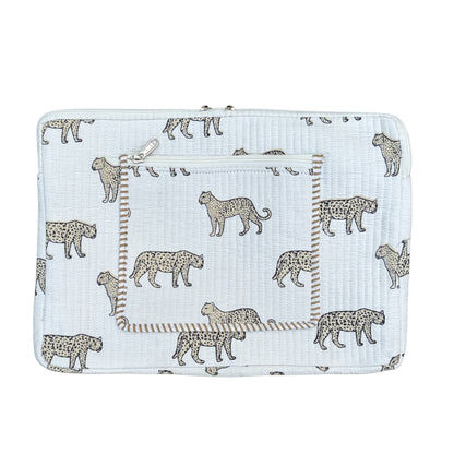Wild Roar Block Print Quilted  Cotton Laptop Sleeve with Front Pocket White 10"x15"