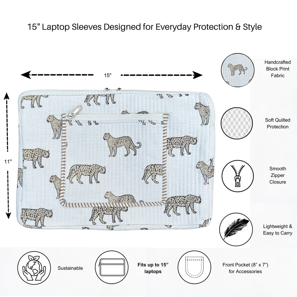 Wild Roar Block Print Quilted  Cotton Laptop Sleeve with Front Pocket White 10"x15"