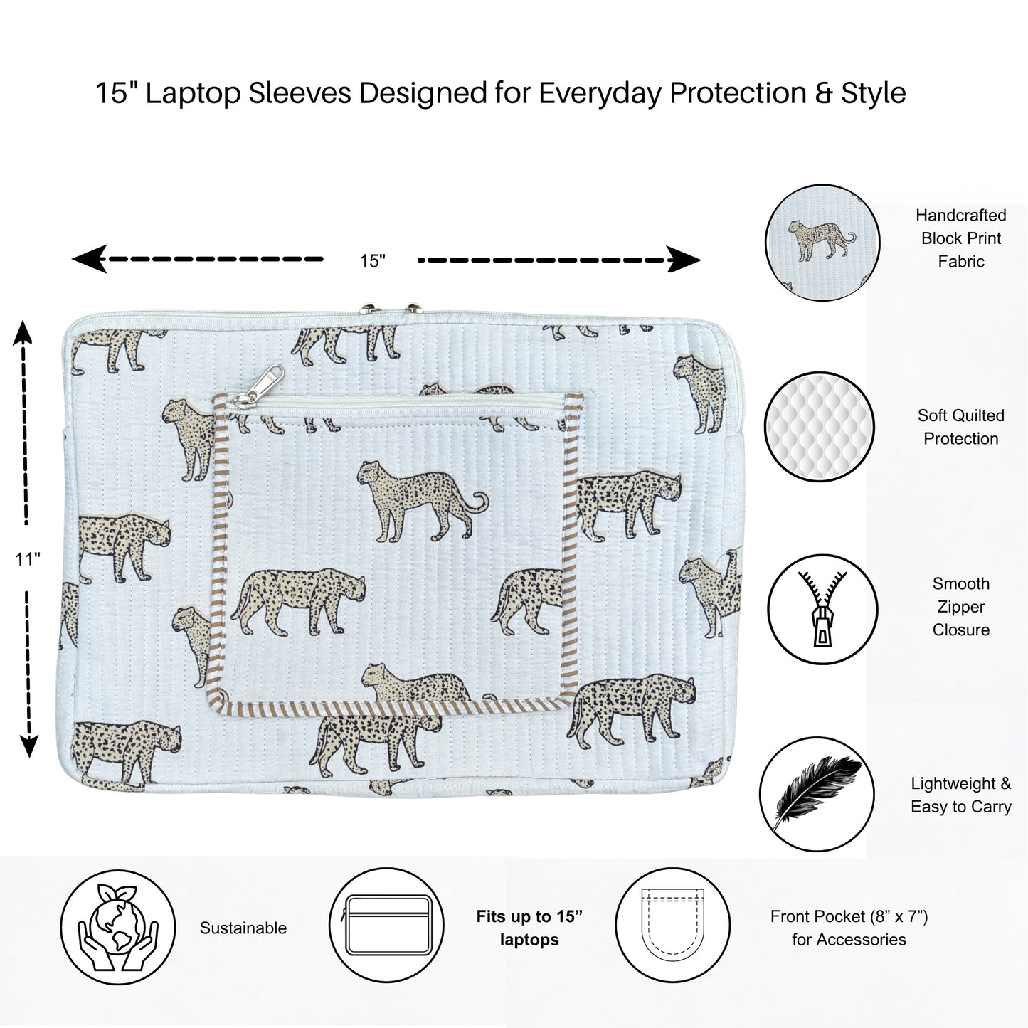 Wild Roar Block Print Quilted  Cotton Laptop Sleeve with Front Pocket White 10"x15"