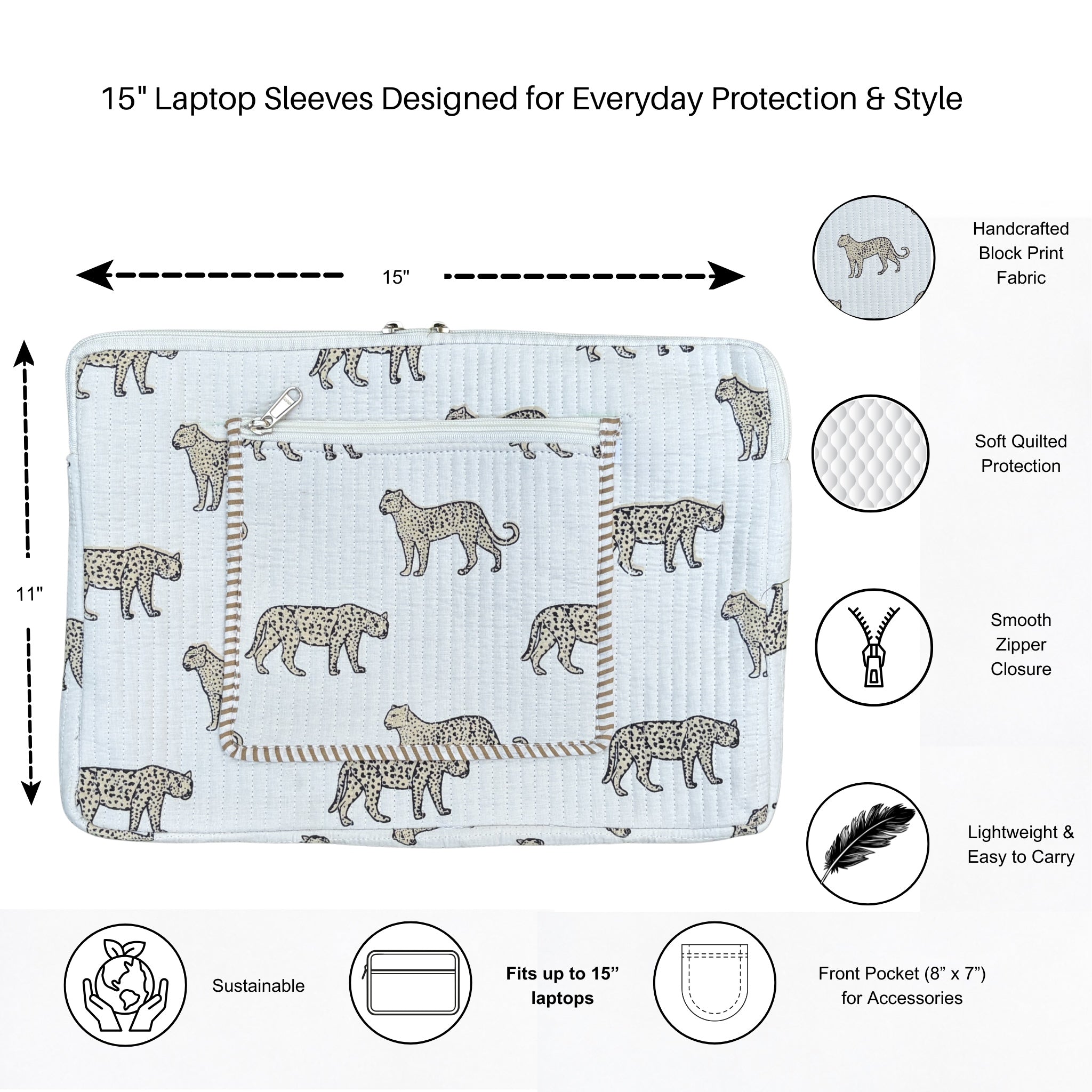 Wild Roar Block Print Quilted  Cotton Laptop Sleeve with Front Pocket White 10"x15"
