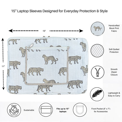 Wild Roar Block Print Quilted  Cotton Laptop Sleeve with Front Pocket White 10"x15"