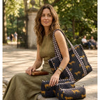 Wild Roar Block Print Quilted  Cotton Tote Bag With Pouch Set of 4 Black 15"x15"