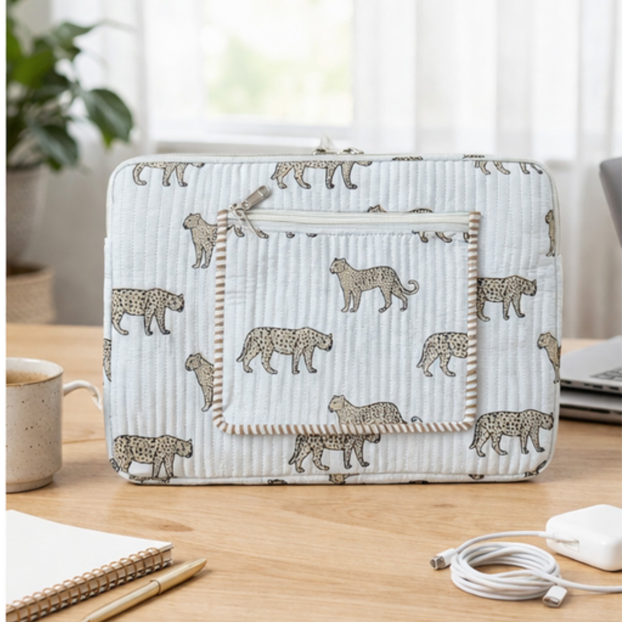 Wild Roar Block Print Quilted  Cotton Laptop Sleeve with Front Pocket White 10"x15"
