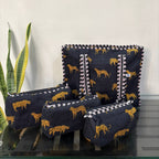 Wild Roar Block Print Quilted  Cotton Tote Bag With Pouch Set of 4 Black 15"x15"