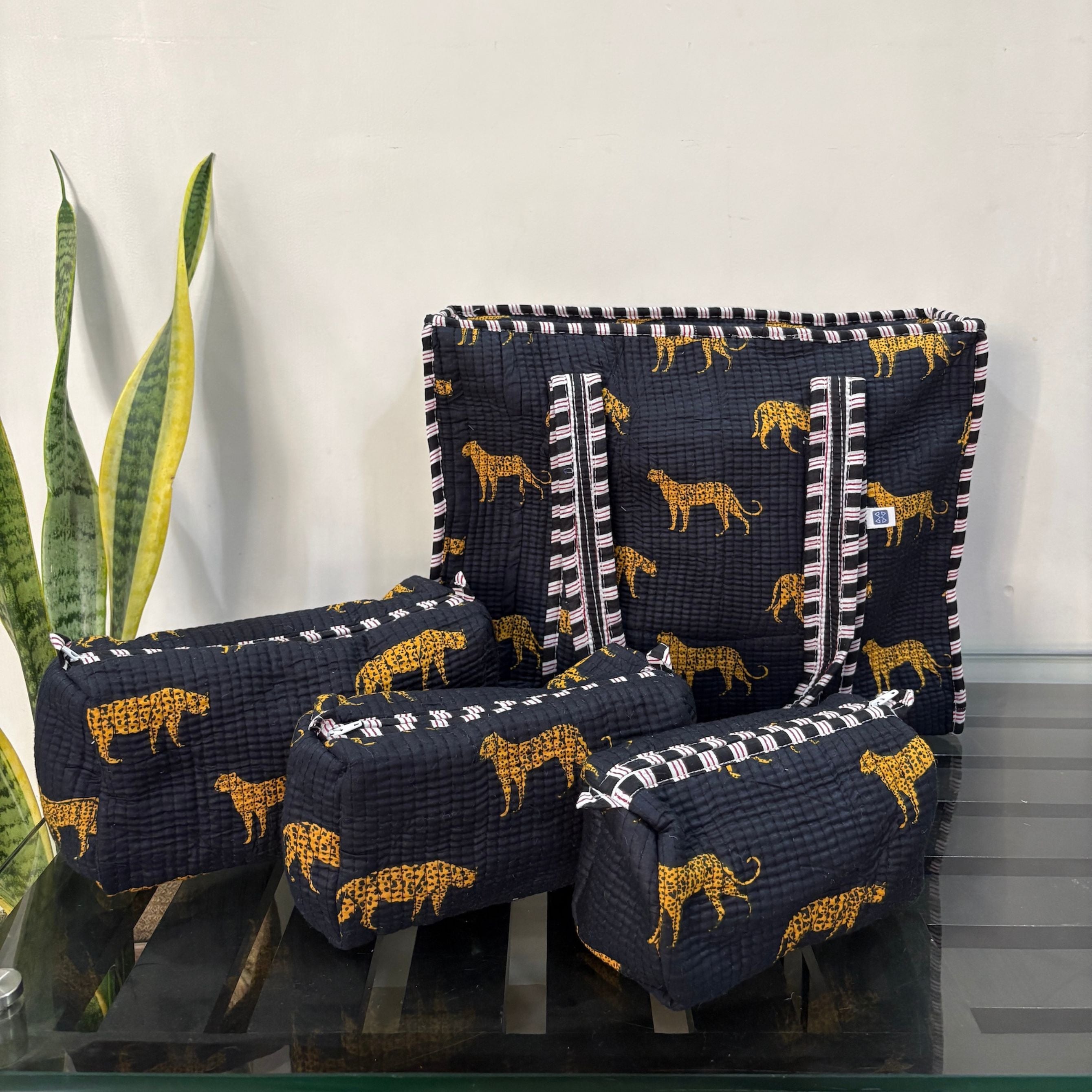 Wild Roar Block Print Quilted  Cotton Tote Bag With Pouch Set of 4 Black 15"x15"