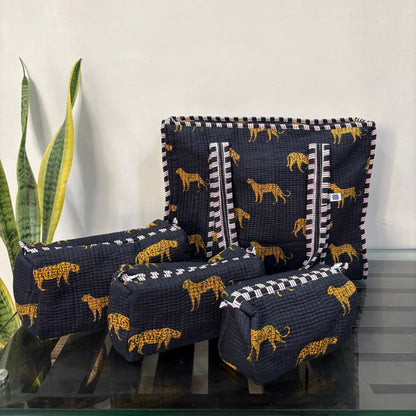 Wild Roar Block Print Quilted  Cotton Tote Bag With Pouch Set of 4 Black 15"x15"