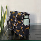 Wild Roar Block Print Quilted  Cotton Tote Bag With Pouch Set of 4 Black 15"x15"