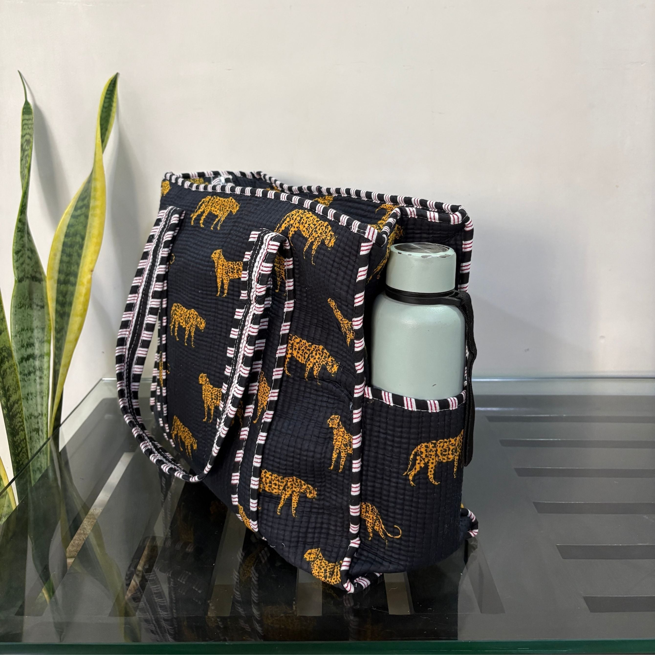 Wild Roar Block Print Quilted  Cotton Tote Bag With Pouch Set of 4 Black 15"x15"