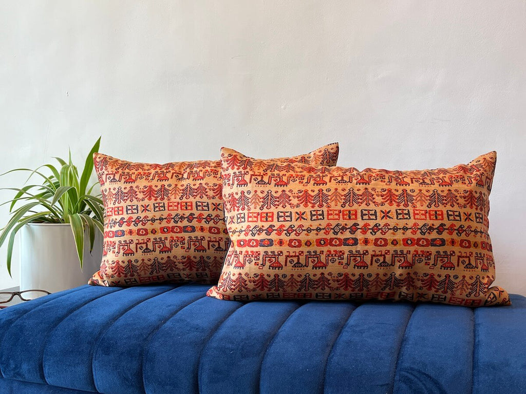 Abstract Printed Beige Khadi Art Silk Lumbar Cushion Cover with filler 12 x 20 inch