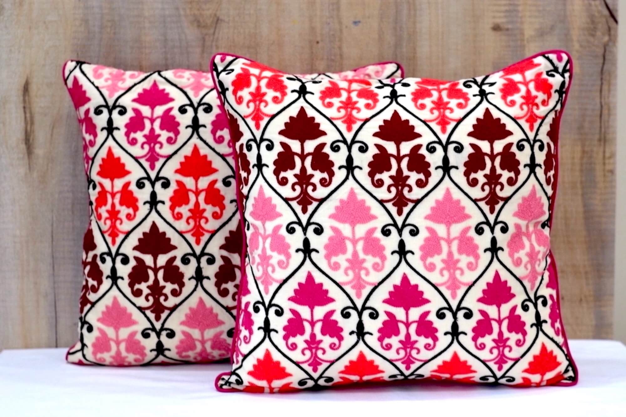 Floral Embroidered Fine Cotton Pink Color Cushion Cover  Size 16''x16"
