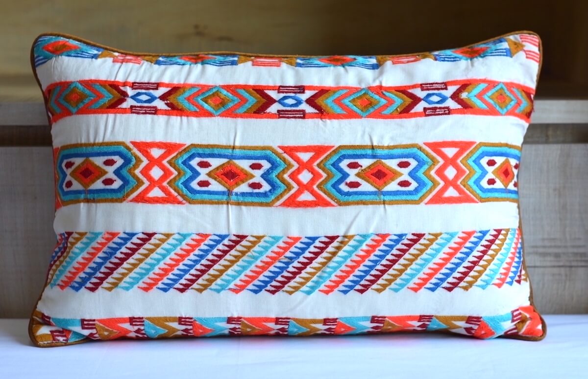 Handcrafted Decorative Embroidered Multicolour Cotton Lumbar Cushion Cover with filler 12 x 18 inch