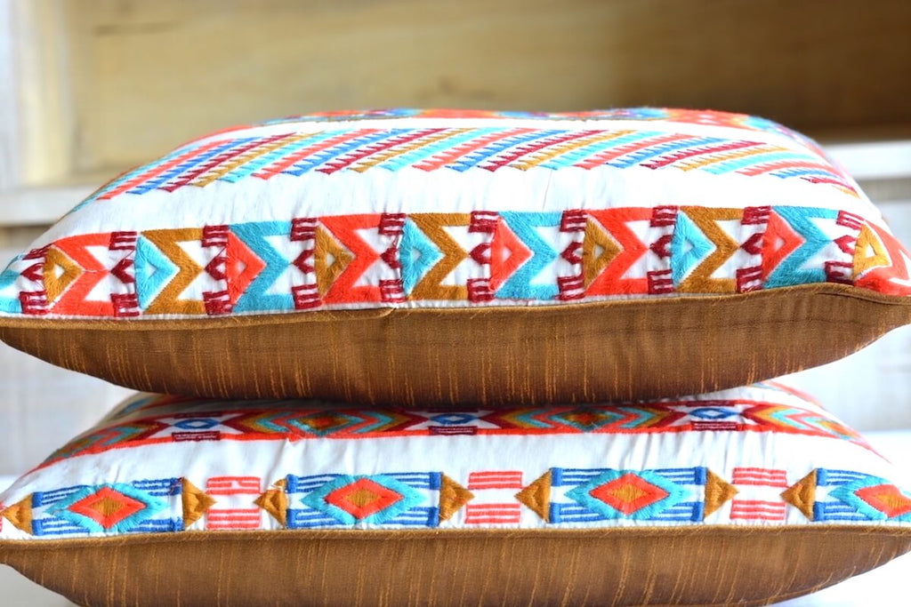 Handcrafted Decorative Embroidered Multicolour Cotton Lumbar Cushion Cover with filler 12 x 18 inch