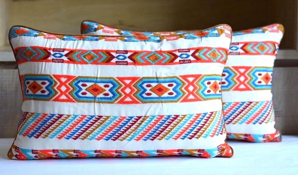 Handcrafted Decorative Embroidered Multicolour Cotton Lumbar Cushion Cover with filler 12 x 18 inch