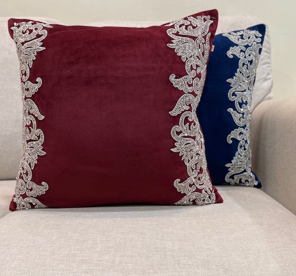 Zardozi Embellished Hand Embroidered Luxury Velvet Cushion Cover Size 16"x16"