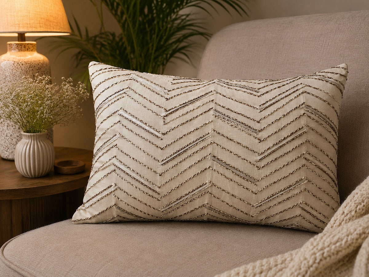 Handcrafted Decorative Cord Embroidered Cream Art Silk Lumbar Cushion Cover with filler 12 x 18 inch