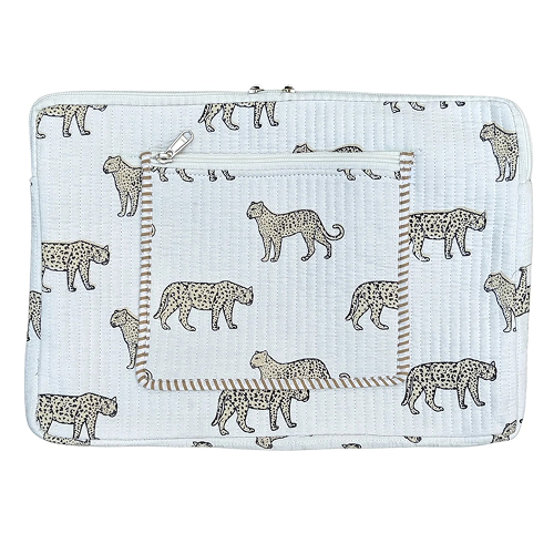 Wild Roar Block Print Quilted  Cotton Laptop Sleeve with Front Pocket White 10"x15"