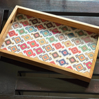 Handcrafted Traditional Festive Multicolor Printed Upcycled Fabric Wooden Rectangular Tray – 14" x 8.5"