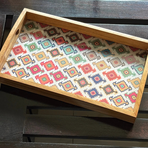 Handcrafted Traditional Festive Multicolor Printed Upcycled Fabric Wooden Rectangular Tray – 14" x 8.5"