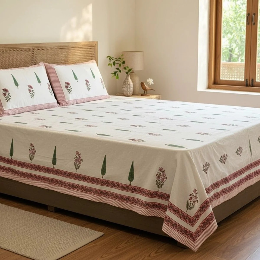 Hand Block Printed Vanira White Cotton Bedsheet King Size-90"x108"
