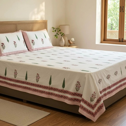 Hand Block Printed Vanira White Cotton Bedsheet King Size-90"x108"