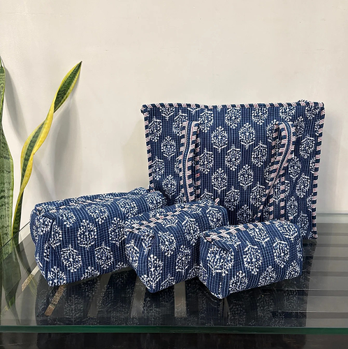 Indigo Petal Block Print Quilted  Cotton Tote Bag With Pouch Set of 4 Indigo Blue 15"x15"
