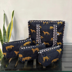 Wild Roar Block Print Quilted  Cotton Tote Bag With Pouch Set of 4 Black 15"x15"