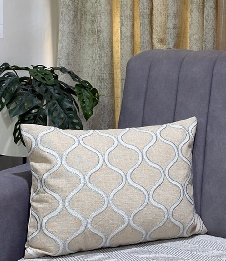 Handcrafted Decorative Embroidered Cream Polycotton Lumbar Cushion Cover with filler 14 x 20 inch