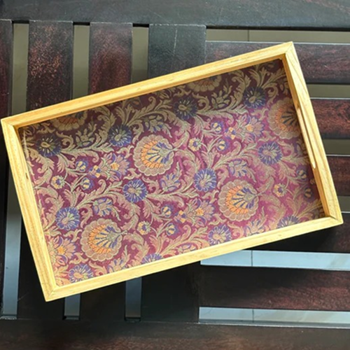 Handcrafted Traditional Festive Rajwada Resham Brocade Upcycled Fabric Wooden Rectangular Tray – 14" x 8.5"
