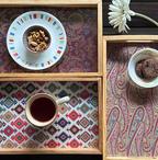 Handcrafted Traditional Festive Multicolor Printed Upcycled Fabric Wooden Rectangular Tray – 14" x 8.5"