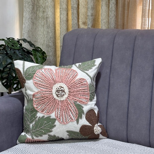 Handcrafted Decorative Blush Bloom  Multicolour Polycotton Embroidered Cushion Cover 16"x16"