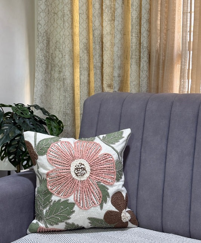Handcrafted Decorative Blush Bloom  Multicolour Polycotton Embroidered Cushion Cover 16"x16"